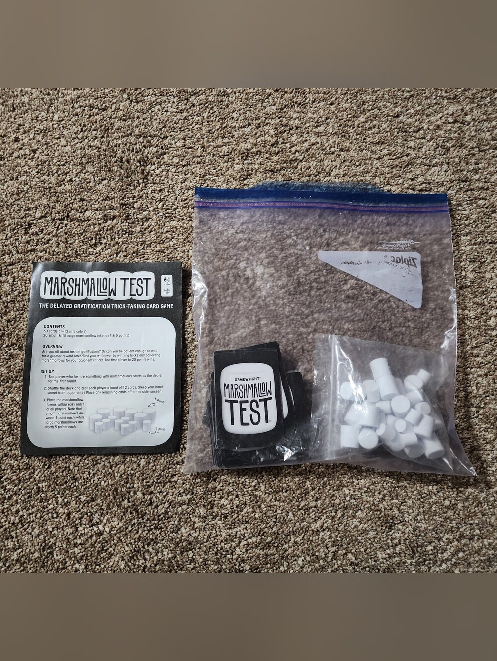 Marshmallow Test Card Game with White Marshmallow Pieces
